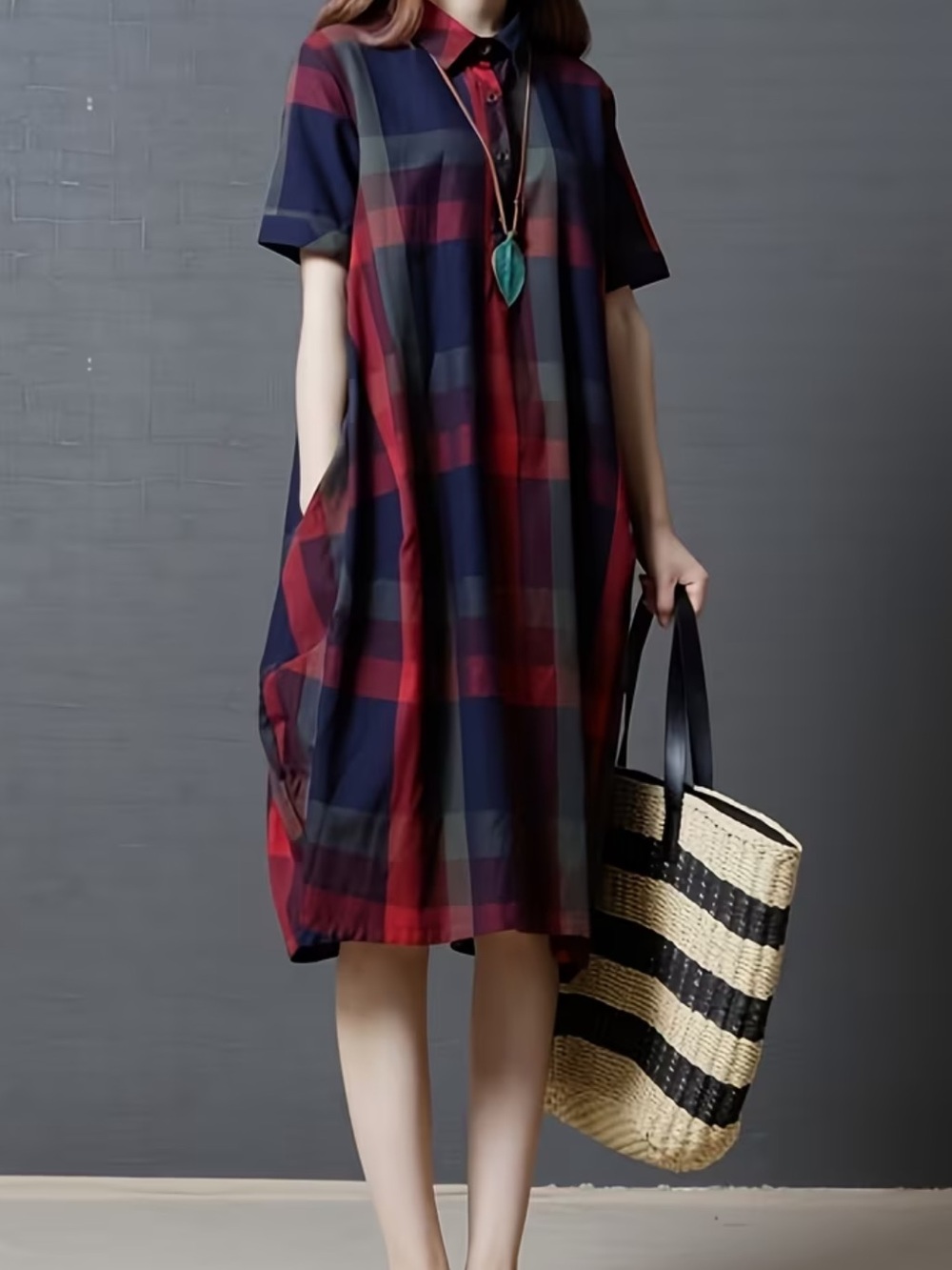 Fashionable Casual Plaid Shirt Dress
